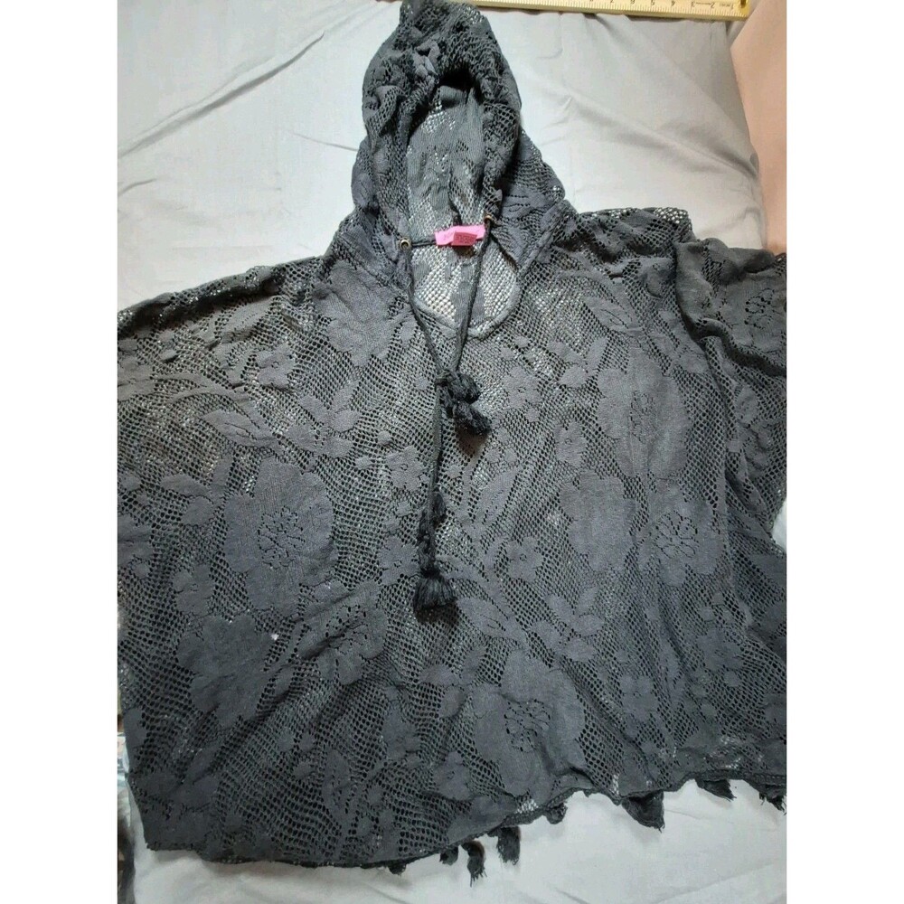 Betsey Johnson Black Floral Lace Hooded Poncho Swim Cover Up One Size Pom Pom